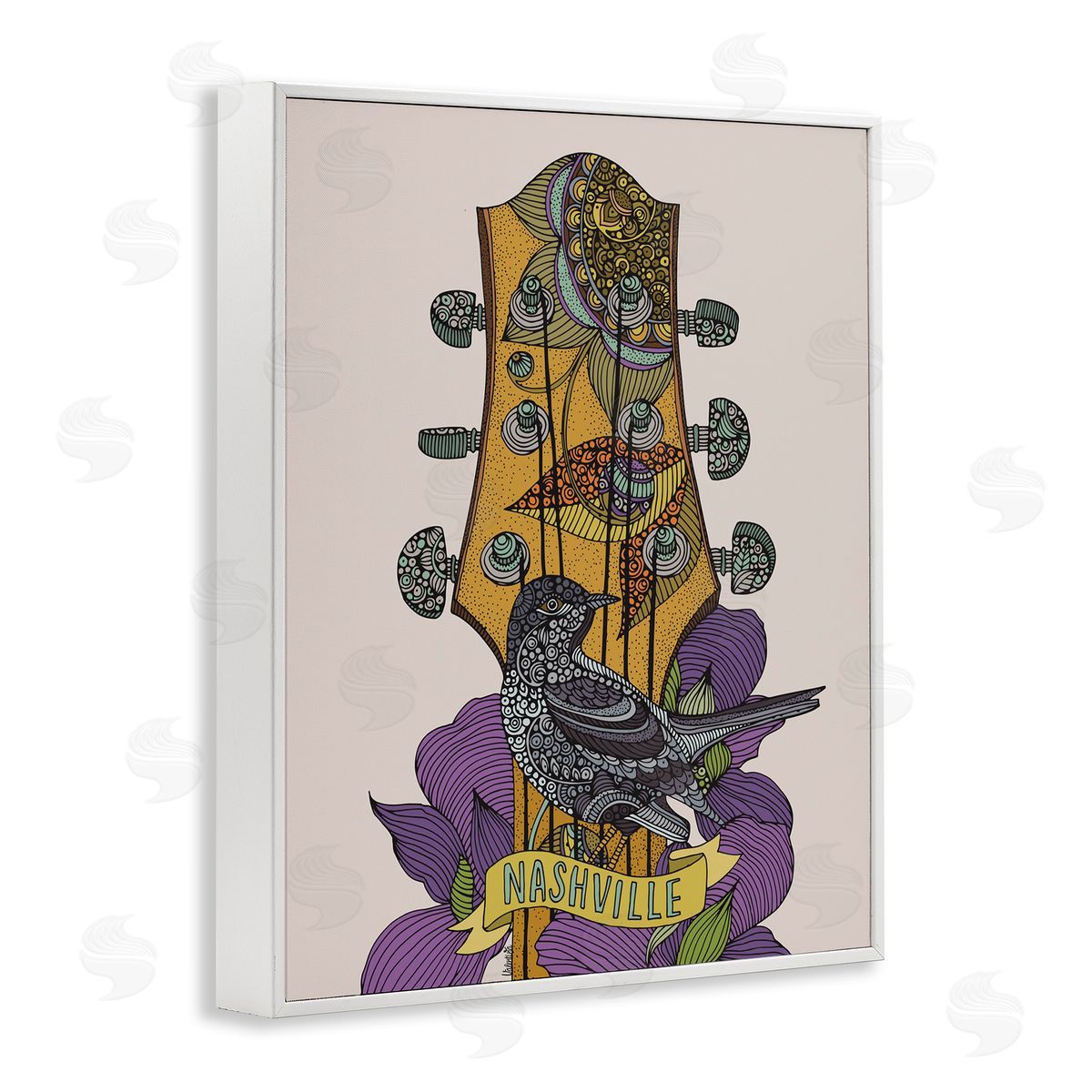 Valentina Harper Intricate Nashville Guitar Floral Patterned Bird Perched White Framed Giclee Wall Art Print