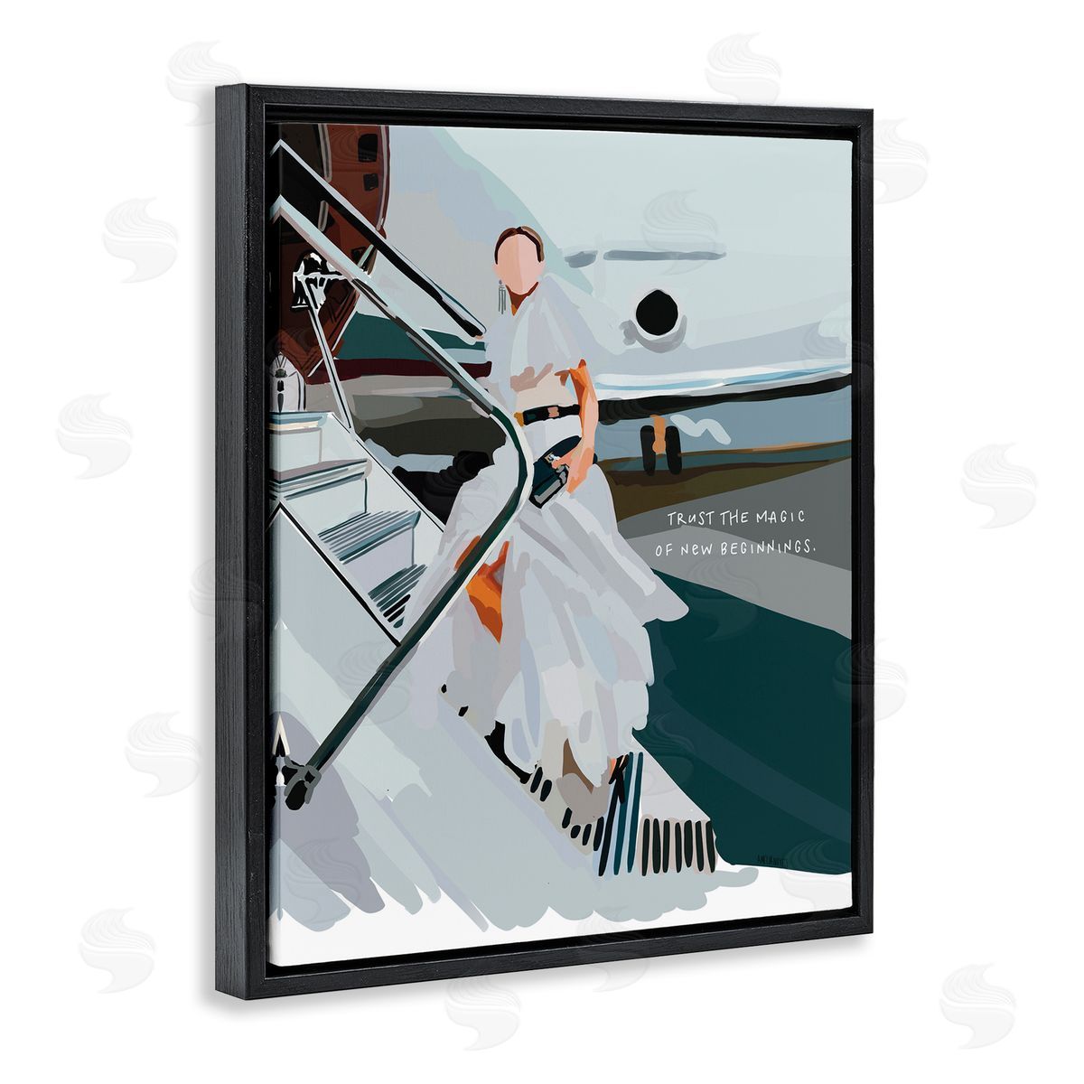 Amelia Noyes Magic of New Beginnings Uplifting Woman Boarding Airplane  Black Floating Frame Canvas Wall Art Print