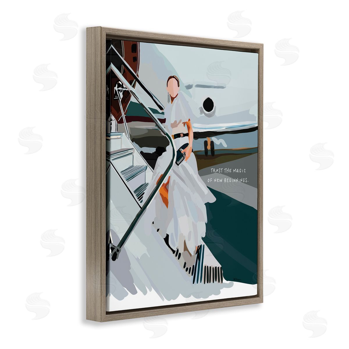 Amelia Noyes Magic of New Beginnings Uplifting Woman Boarding Airplane  Brown Floating Frame Canvas Wall Art Print