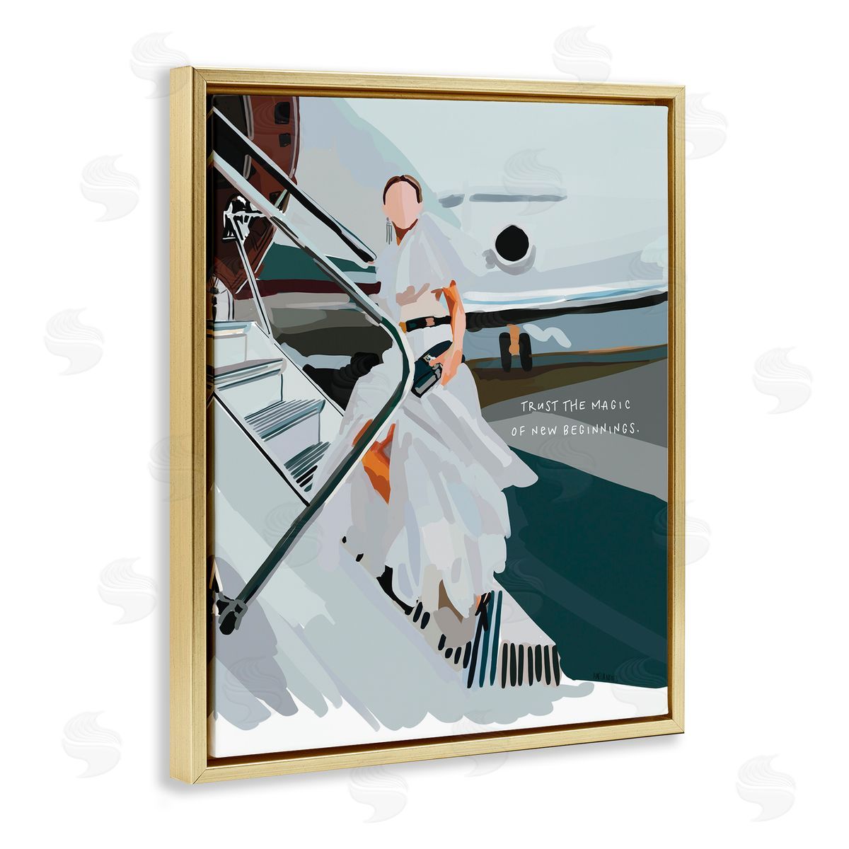 Amelia Noyes Magic of New Beginnings Uplifting Woman Boarding Airplane  Gold Floating Frame Canvas Wall Art Print