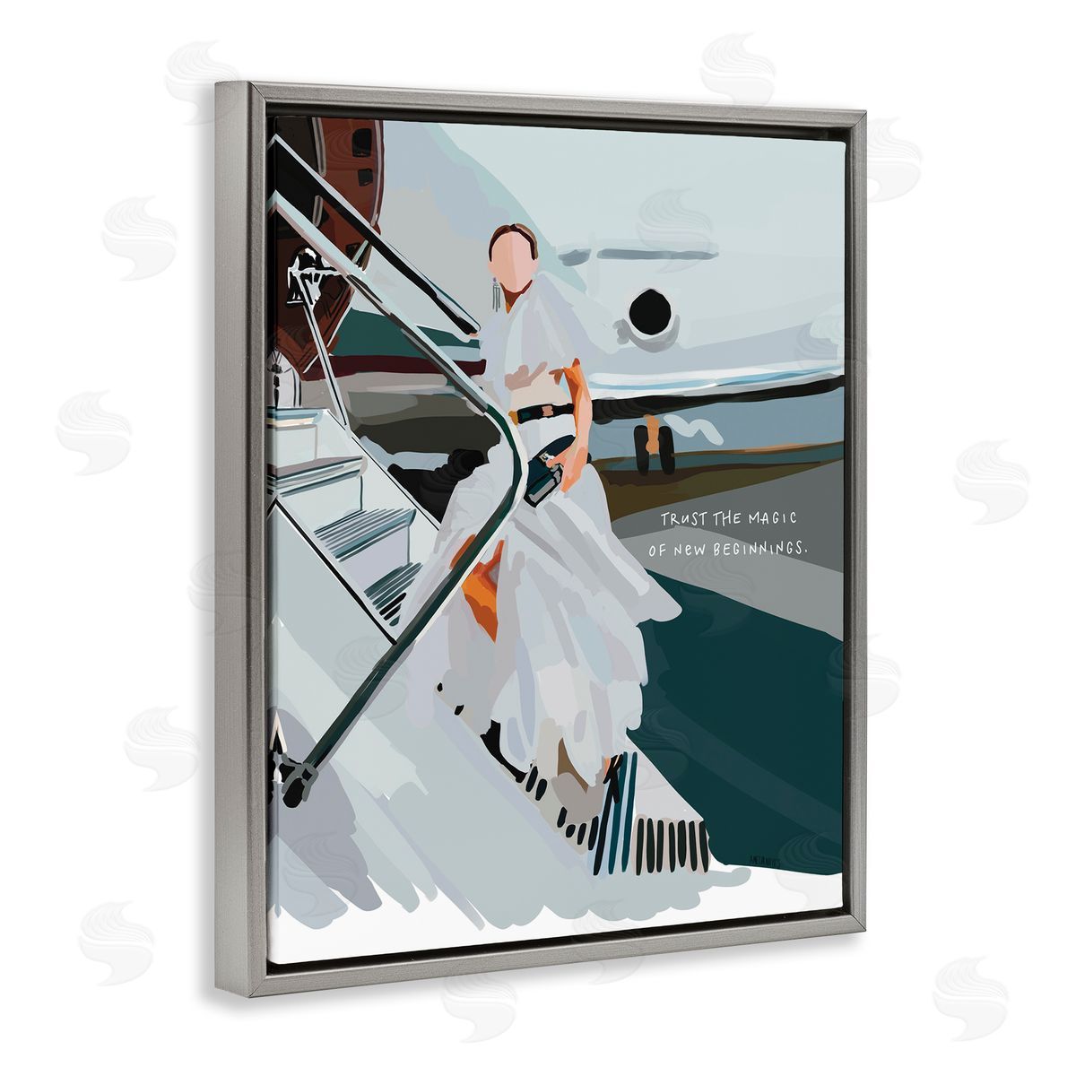 Amelia Noyes Magic of New Beginnings Uplifting Woman Boarding Airplane  Gray Floating Frame Canvas Wall Art Print