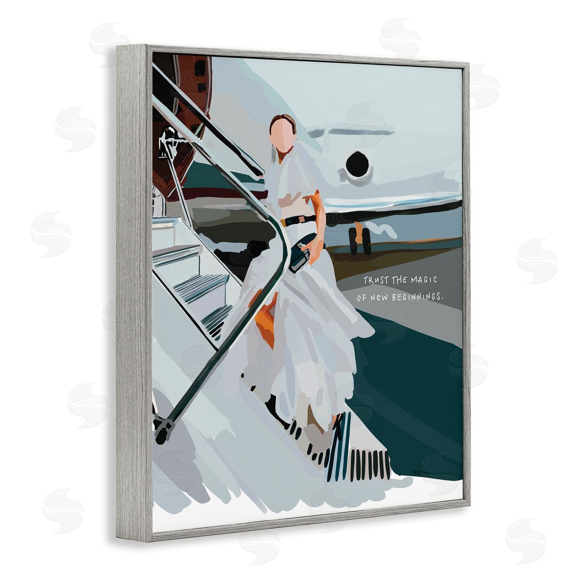 Amelia Noyes Magic of New Beginnings Uplifting Woman Boarding Airplane  Gray Framed Giclee Wall Art Print