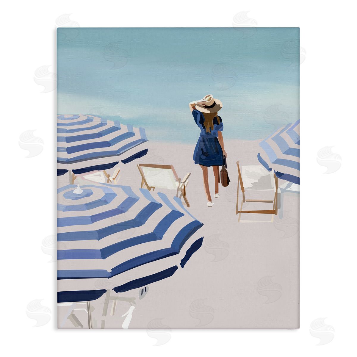 Amelia Noyes Woman Enjoying Beach Shore Umbrellas Coastal Scene Stretched Canvas Wall Art Print