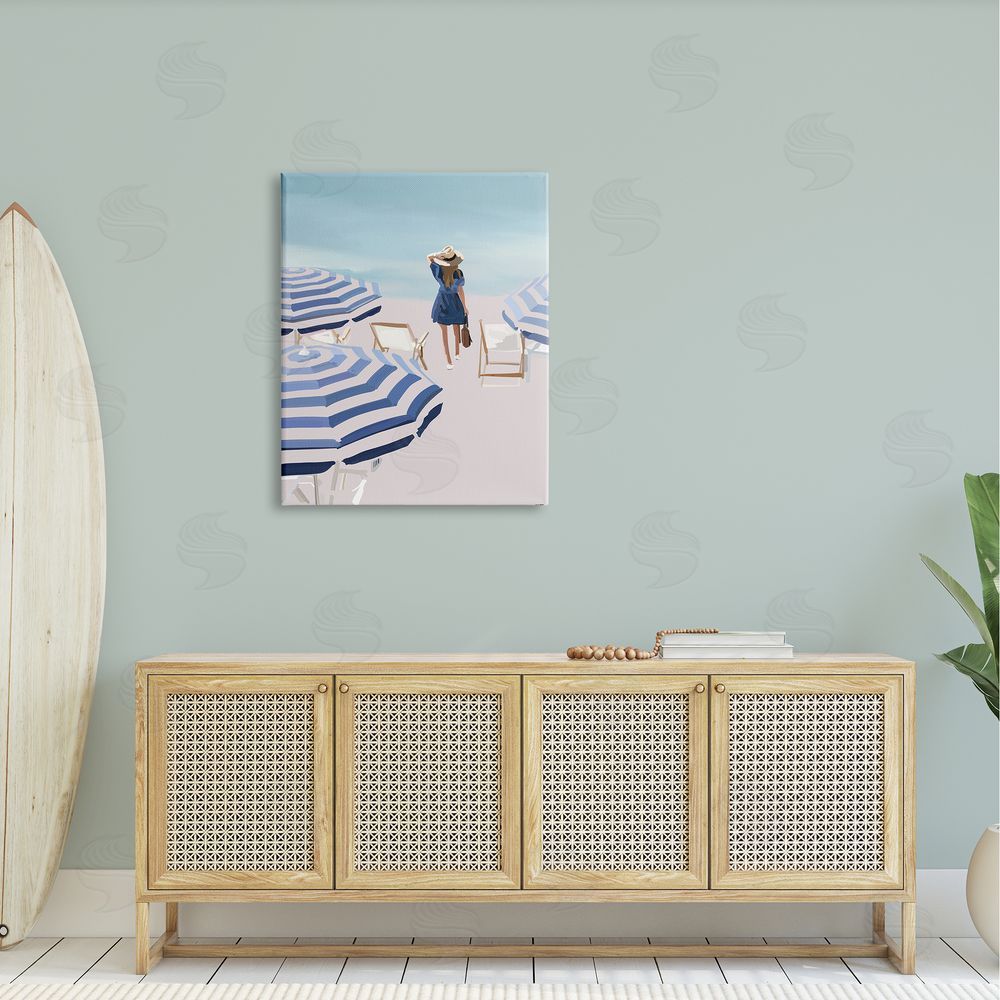 Amelia Noyes Woman Enjoying Beach Shore Umbrellas Coastal Scene Canvas Wall Art Print in Room