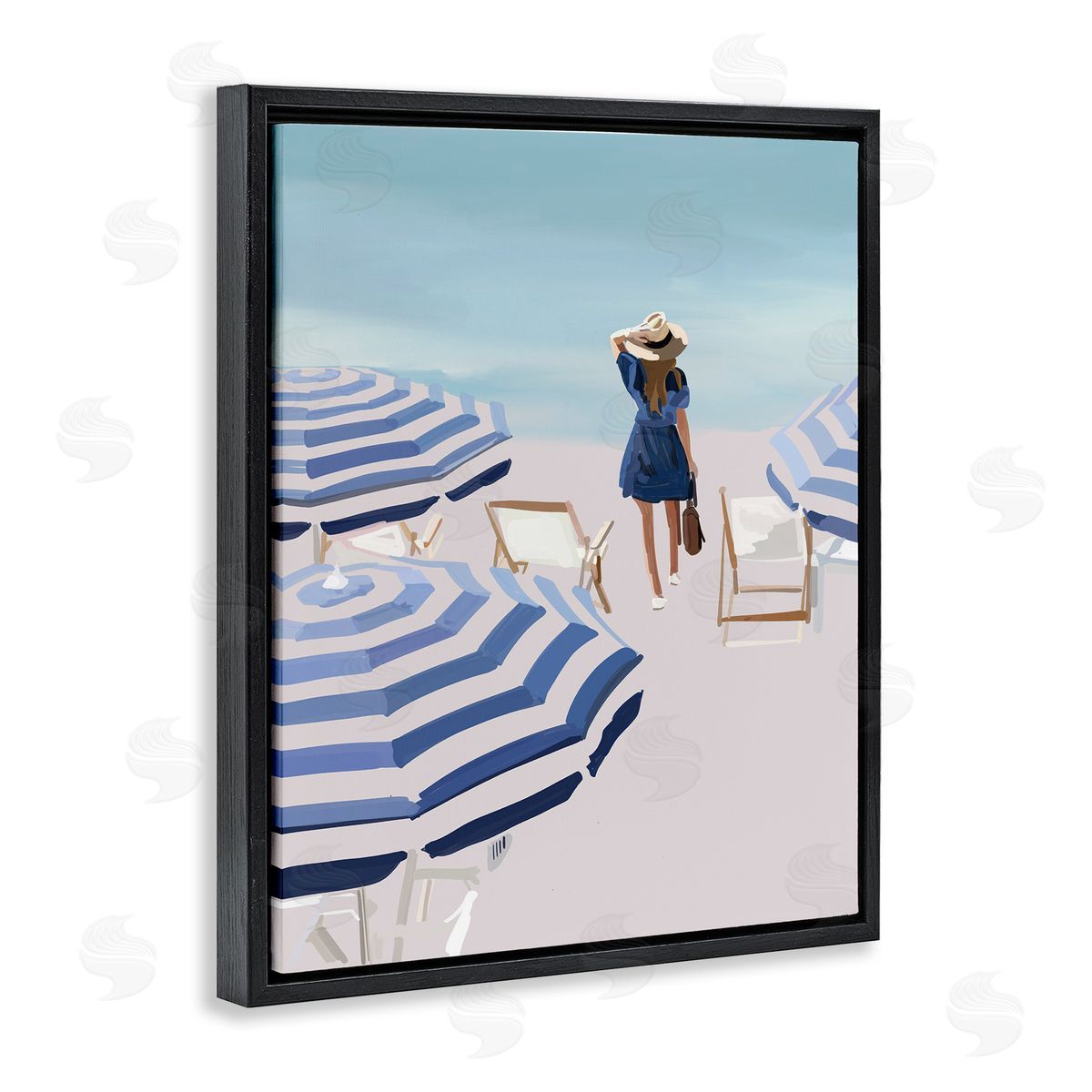 Amelia Noyes Woman Enjoying Beach Shore Umbrellas Coastal Scene Black Floating Frame Canvas Wall Art Print