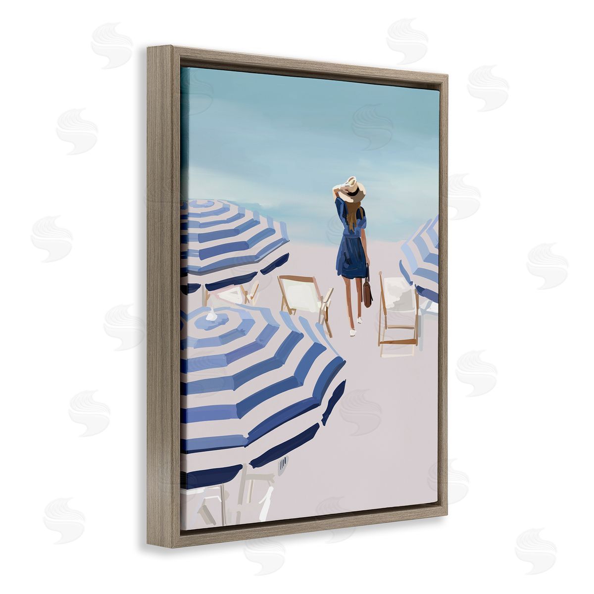 Amelia Noyes Woman Enjoying Beach Shore Umbrellas Coastal Scene Brown Floating Frame Canvas Wall Art Print
