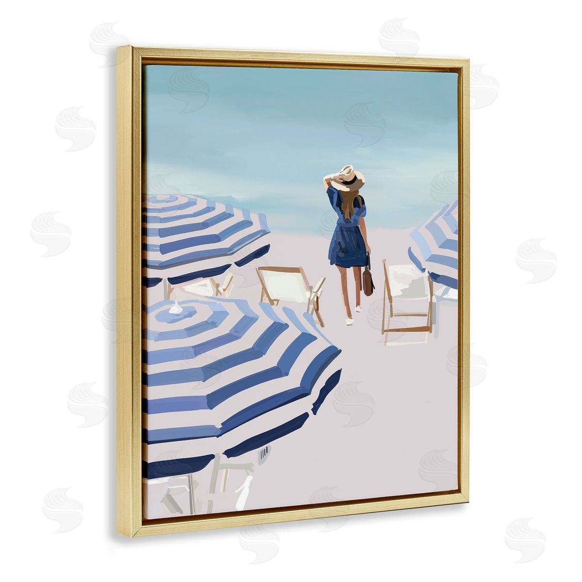 Amelia Noyes Woman Enjoying Beach Shore Umbrellas Coastal Scene Gold Floating Frame Canvas Wall Art Print
