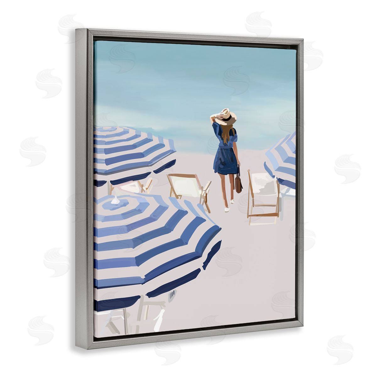 Amelia Noyes Woman Enjoying Beach Shore Umbrellas Coastal Scene Gray Floating Frame Canvas Wall Art Print