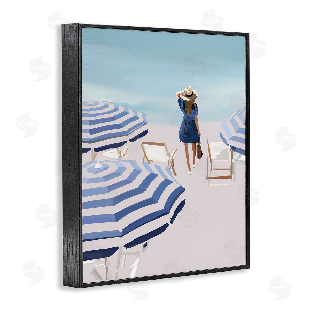 Amelia Noyes Woman Enjoying Beach Shore Umbrellas Coastal Scene Black Framed Giclee Wall Art Print