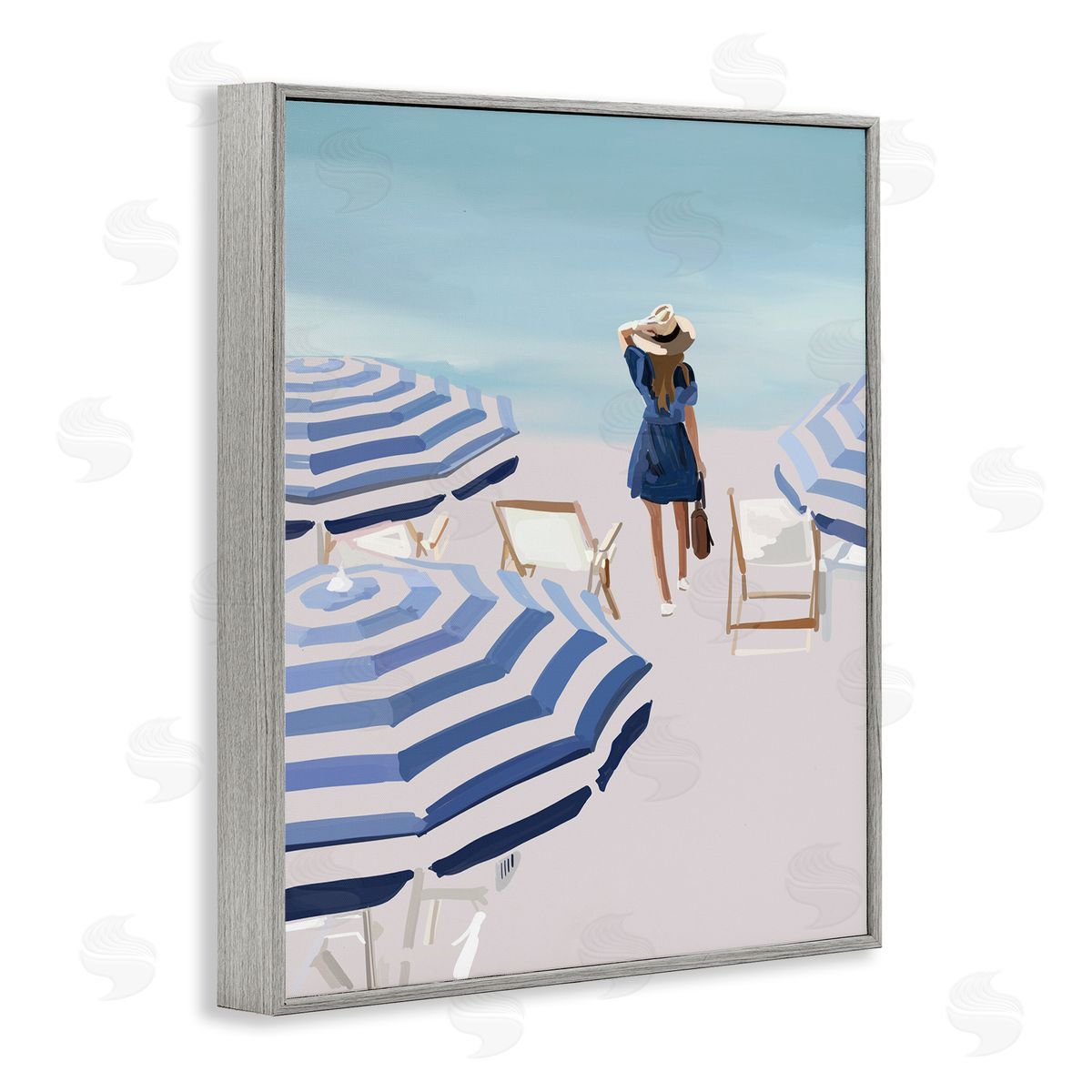 Amelia Noyes Woman Enjoying Beach Shore Umbrellas Coastal Scene Gray Framed Giclee Wall Art Print