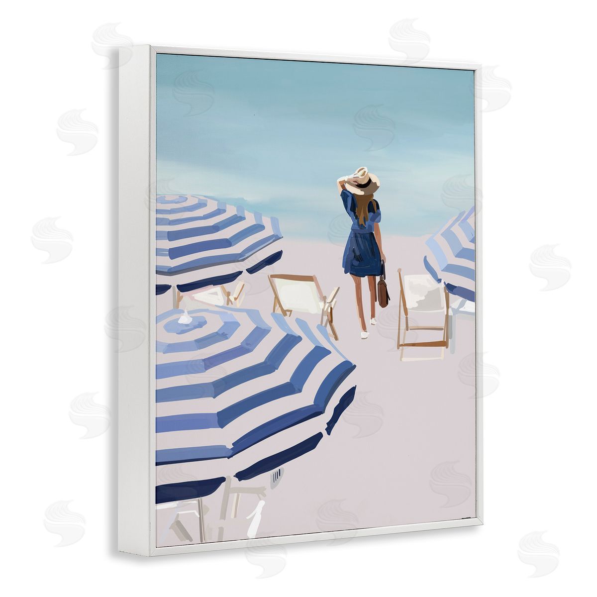 Amelia Noyes Woman Enjoying Beach Shore Umbrellas Coastal Scene White Framed Giclee Wall Art Print