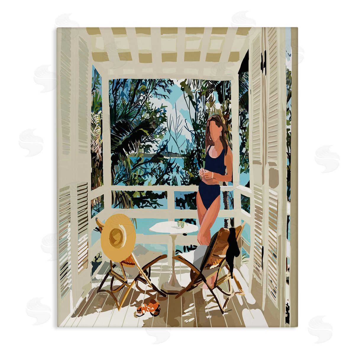 Amelia Noyes Woman Coastal Beach Canopy Summer Ocean Scene Stretched Canvas Wall Art Print