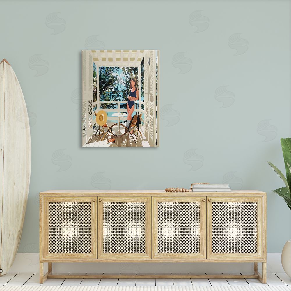 Amelia Noyes Woman Coastal Beach Canopy Summer Ocean Scene Canvas Wall Art Print in Room
