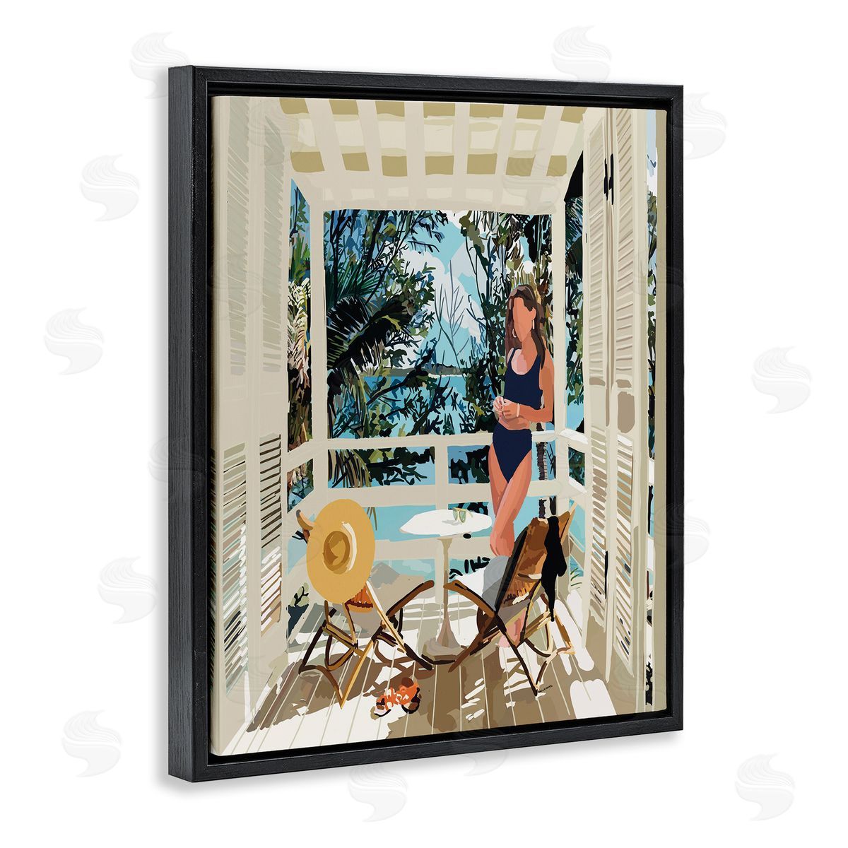 Amelia Noyes Woman Coastal Beach Canopy Summer Ocean Scene Black Floating Frame Canvas Wall Art Print
