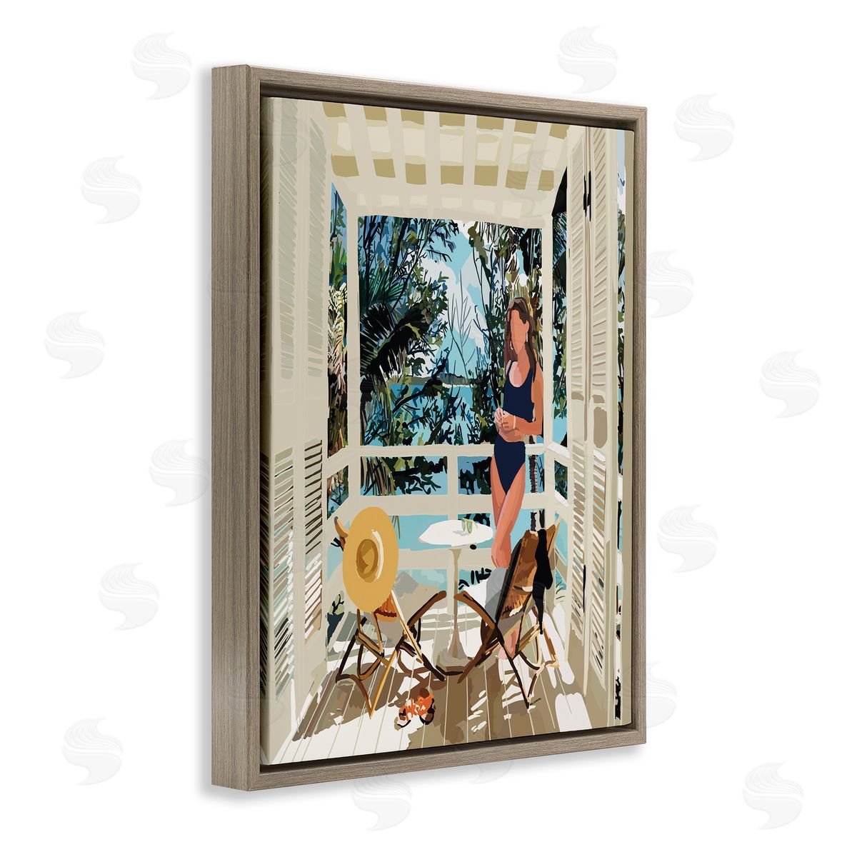 Amelia Noyes Woman Coastal Beach Canopy Summer Ocean Scene Brown Floating Frame Canvas Wall Art Print