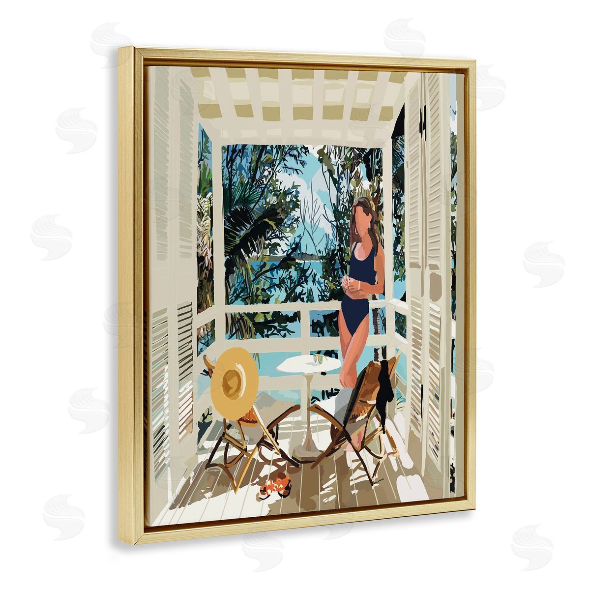 Amelia Noyes Woman Coastal Beach Canopy Summer Ocean Scene Gold Floating Frame Canvas Wall Art Print