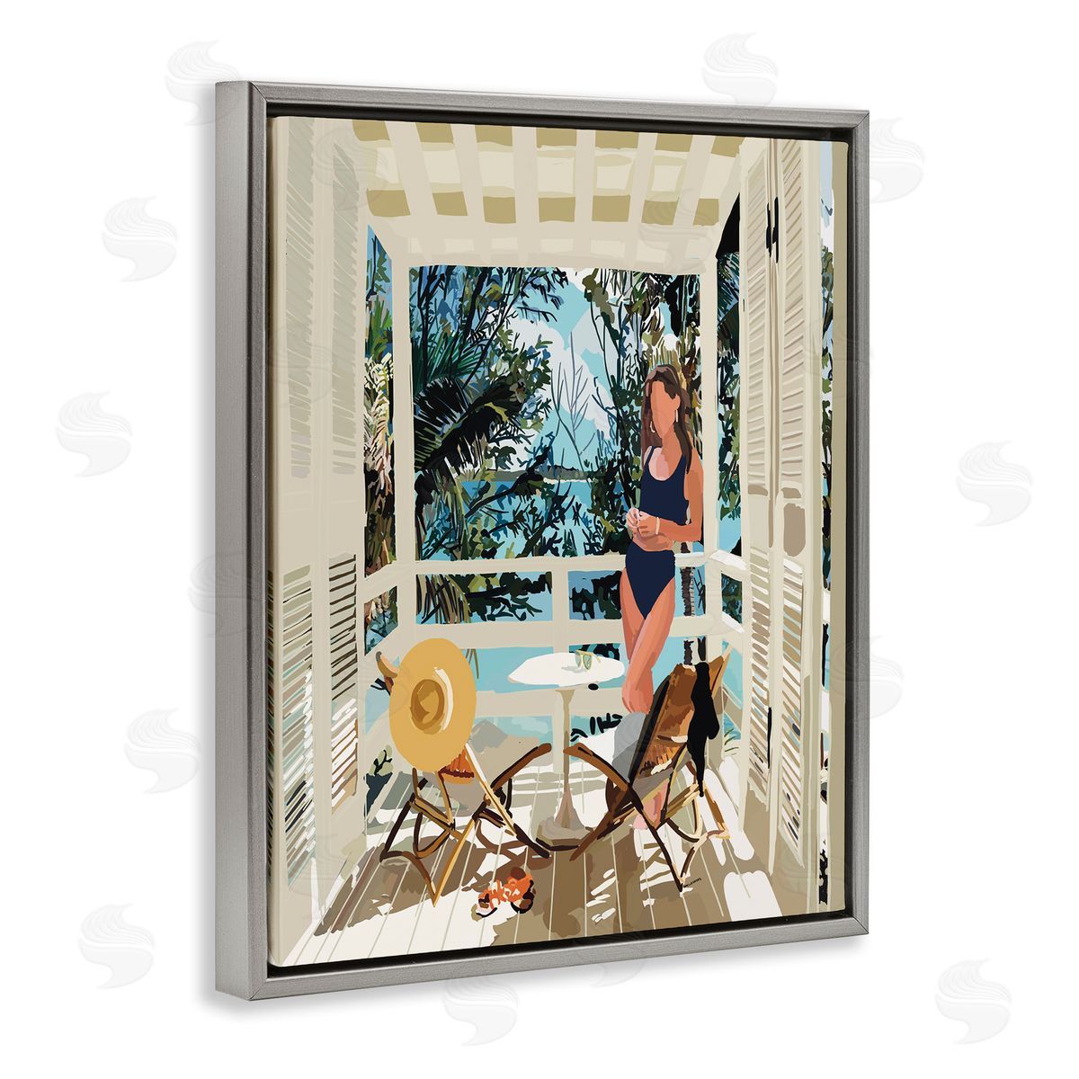 Amelia Noyes Woman Coastal Beach Canopy Summer Ocean Scene Gray Floating Frame Canvas Wall Art Print