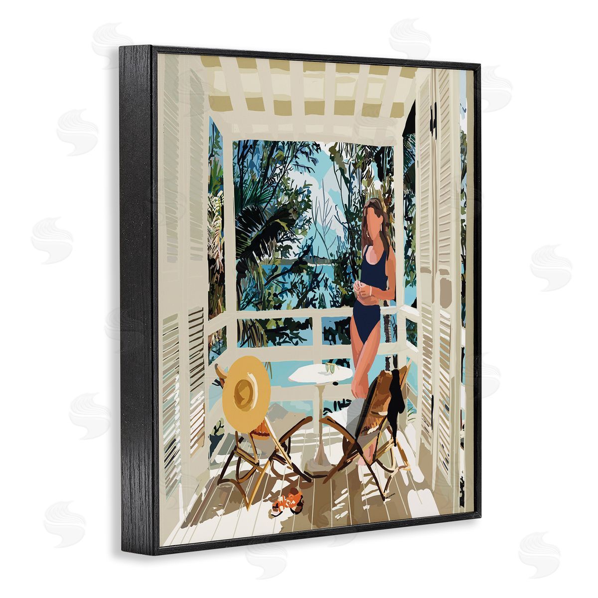 Amelia Noyes Woman Coastal Beach Canopy Summer Ocean Scene Black Framed Giclee Wall Art Print