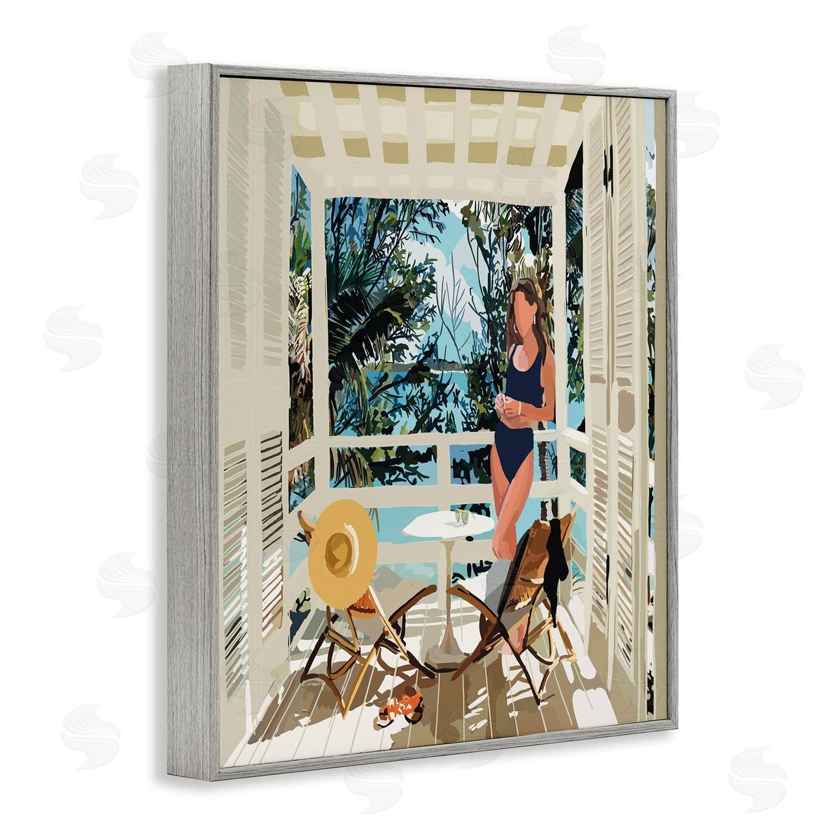 Amelia Noyes Woman Coastal Beach Canopy Summer Ocean Scene Gray Framed Giclee Wall Art Print