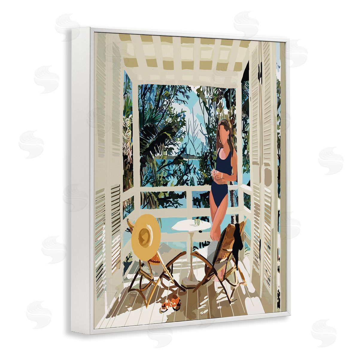 Amelia Noyes Woman Coastal Beach Canopy Summer Ocean Scene White Framed Giclee Wall Art Print