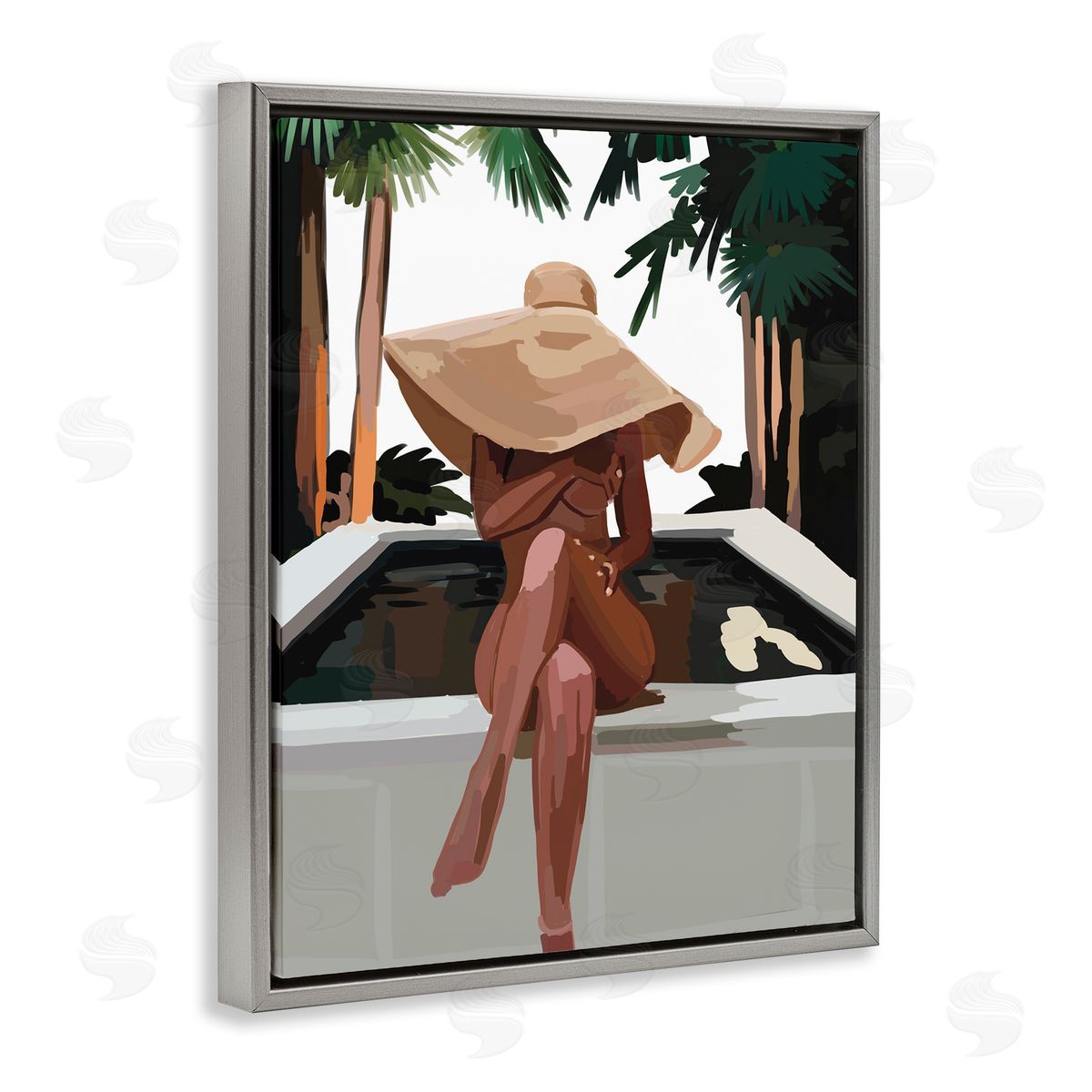 Amelia Noyes Trendy Upscale Woman Tropical Summer Hot Tub Gray Floating Frame Canvas Wall Art Print