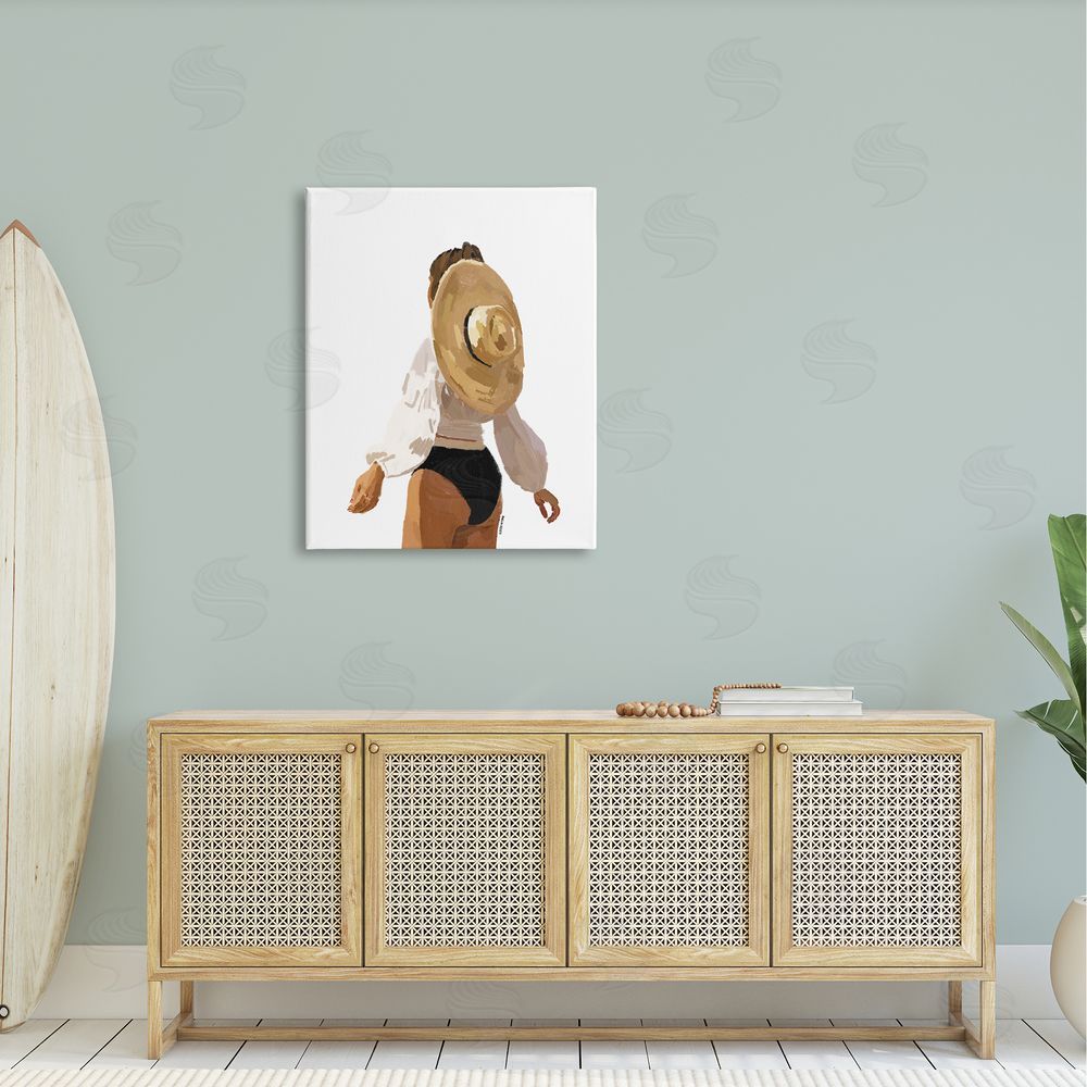 Amelia Noyes Woman Draped Sun Hat Tropical Summer Vacation  Canvas Wall Art Print in Room
