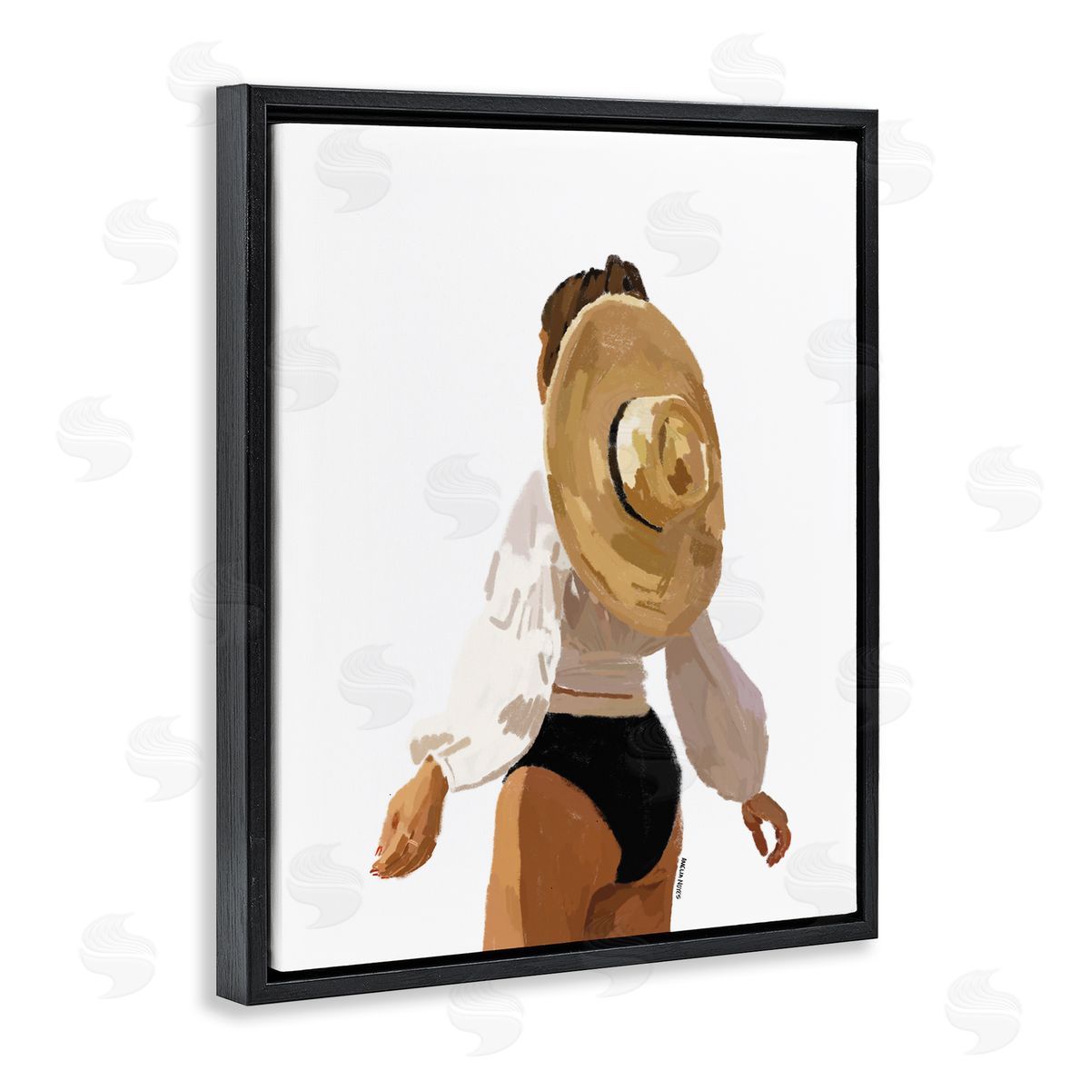 Amelia Noyes Woman Draped Sun Hat Tropical Summer Vacation  Black Floating Frame Canvas Wall Art Print