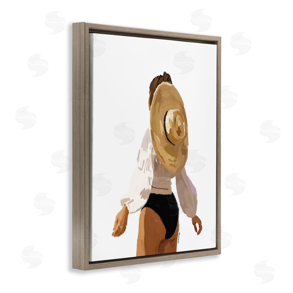 Amelia Noyes Woman Draped Sun Hat Tropical Summer Vacation  Brown Floating Frame Canvas Wall Art Print