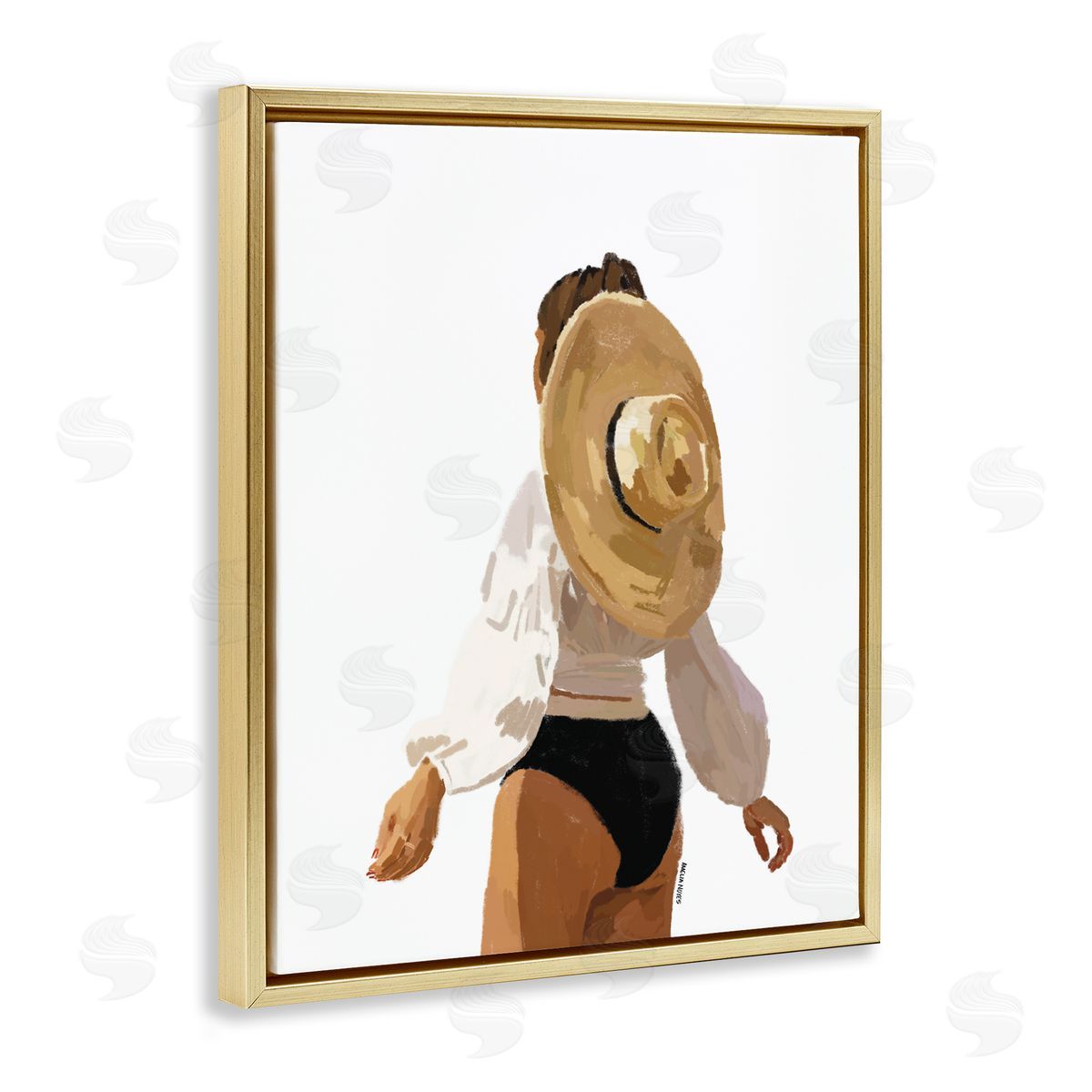Amelia Noyes Woman Draped Sun Hat Tropical Summer Vacation  Gold Floating Frame Canvas Wall Art Print