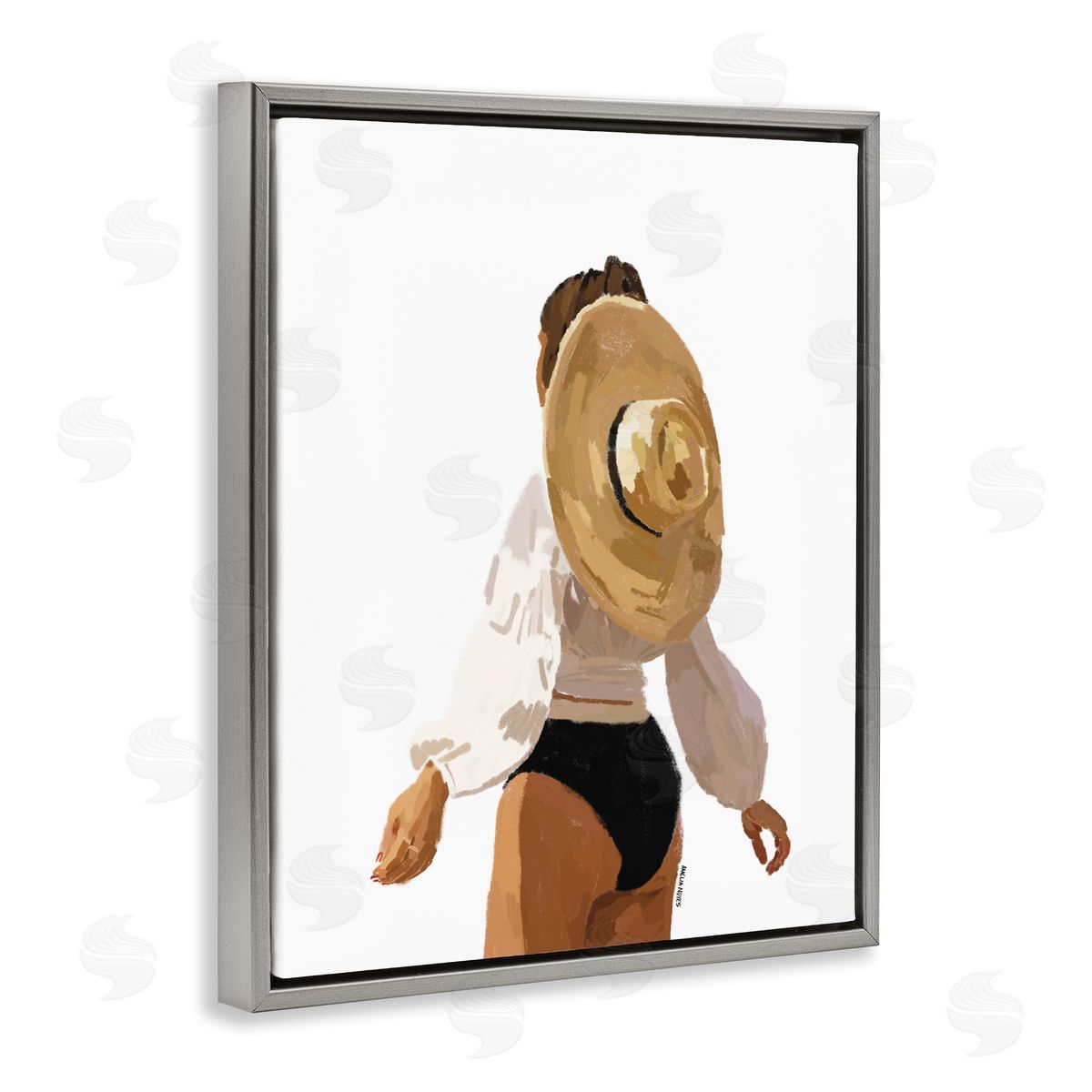 Amelia Noyes Woman Draped Sun Hat Tropical Summer Vacation  Gray Floating Frame Canvas Wall Art Print