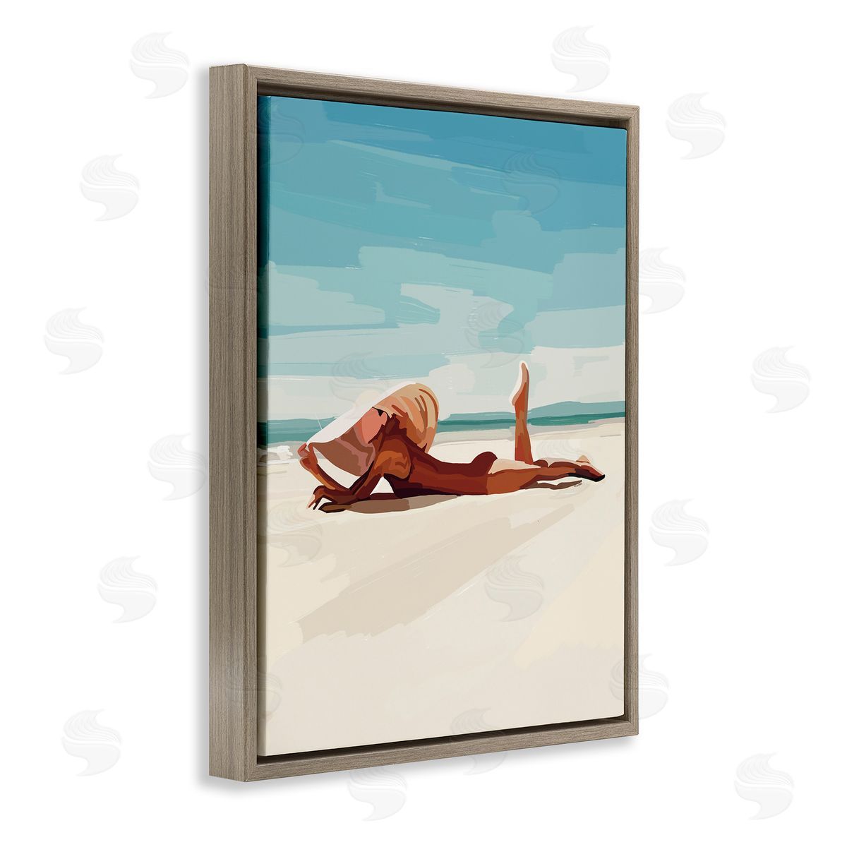 Amelia Noyes Beach Babe Lounging Coastal Ocean Shoreline  Brown Floating Frame Canvas Wall Art Print
