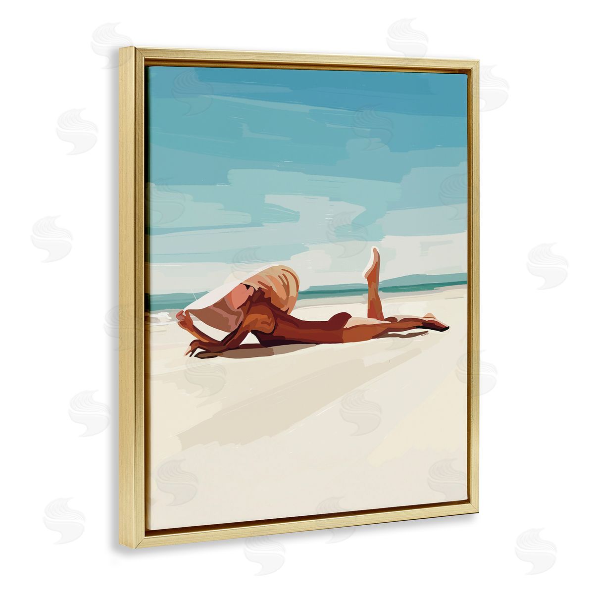 Amelia Noyes Beach Babe Lounging Coastal Ocean Shoreline  Gold Floating Frame Canvas Wall Art Print