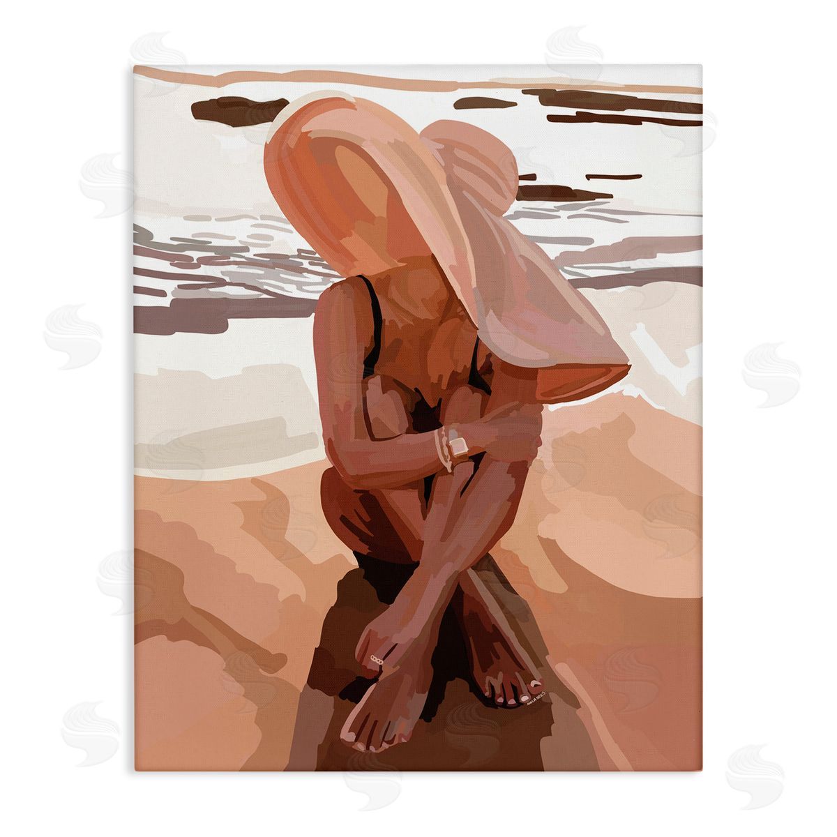Amelia Noyes Woman Sitting Enjoying Ocean Shore Summer Beach Stretched Canvas Wall Art Print