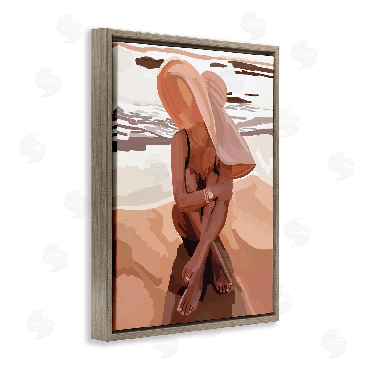 Amelia Noyes Woman Sitting Enjoying Ocean Shore Summer Beach Brown Floating Frame Canvas Wall Art Print