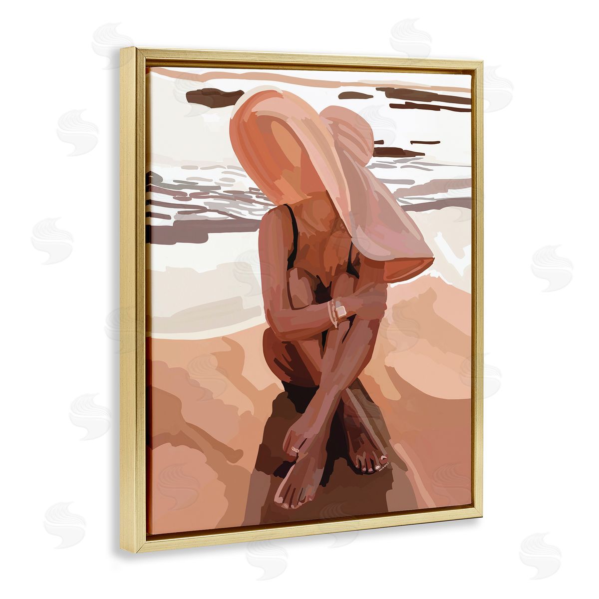 Amelia Noyes Woman Sitting Enjoying Ocean Shore Summer Beach Gold Floating Frame Canvas Wall Art Print