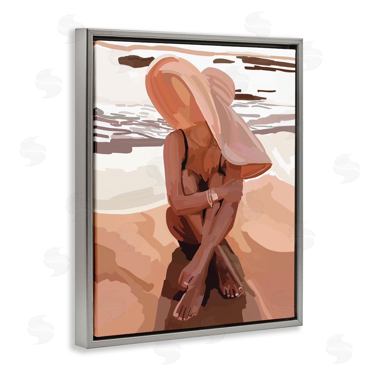 Amelia Noyes Woman Sitting Enjoying Ocean Shore Summer Beach Gray Floating Frame Canvas Wall Art Print
