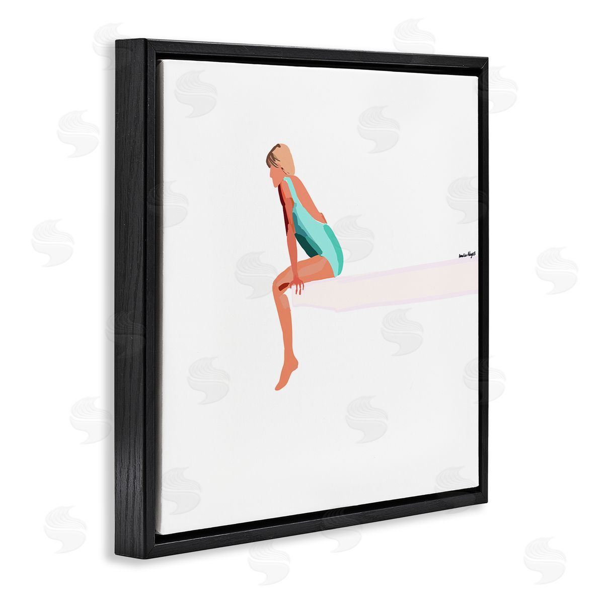 Amelia Noyes Woman Sitting Diving Board Summer Beach Pool Black Floating Frame Canvas Wall Art Print