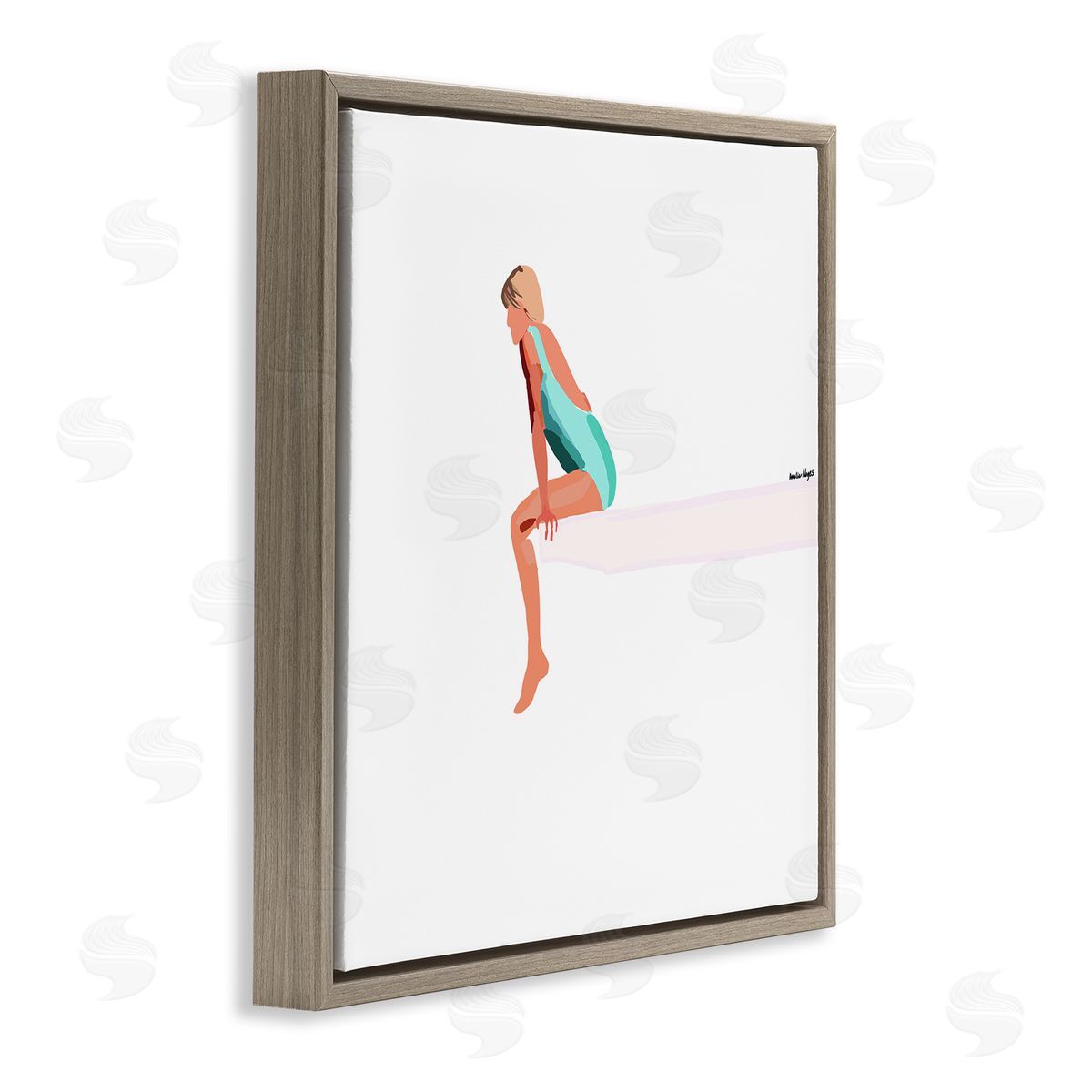 Amelia Noyes Woman Sitting Diving Board Summer Beach Pool Brown Floating Frame Canvas Wall Art Print