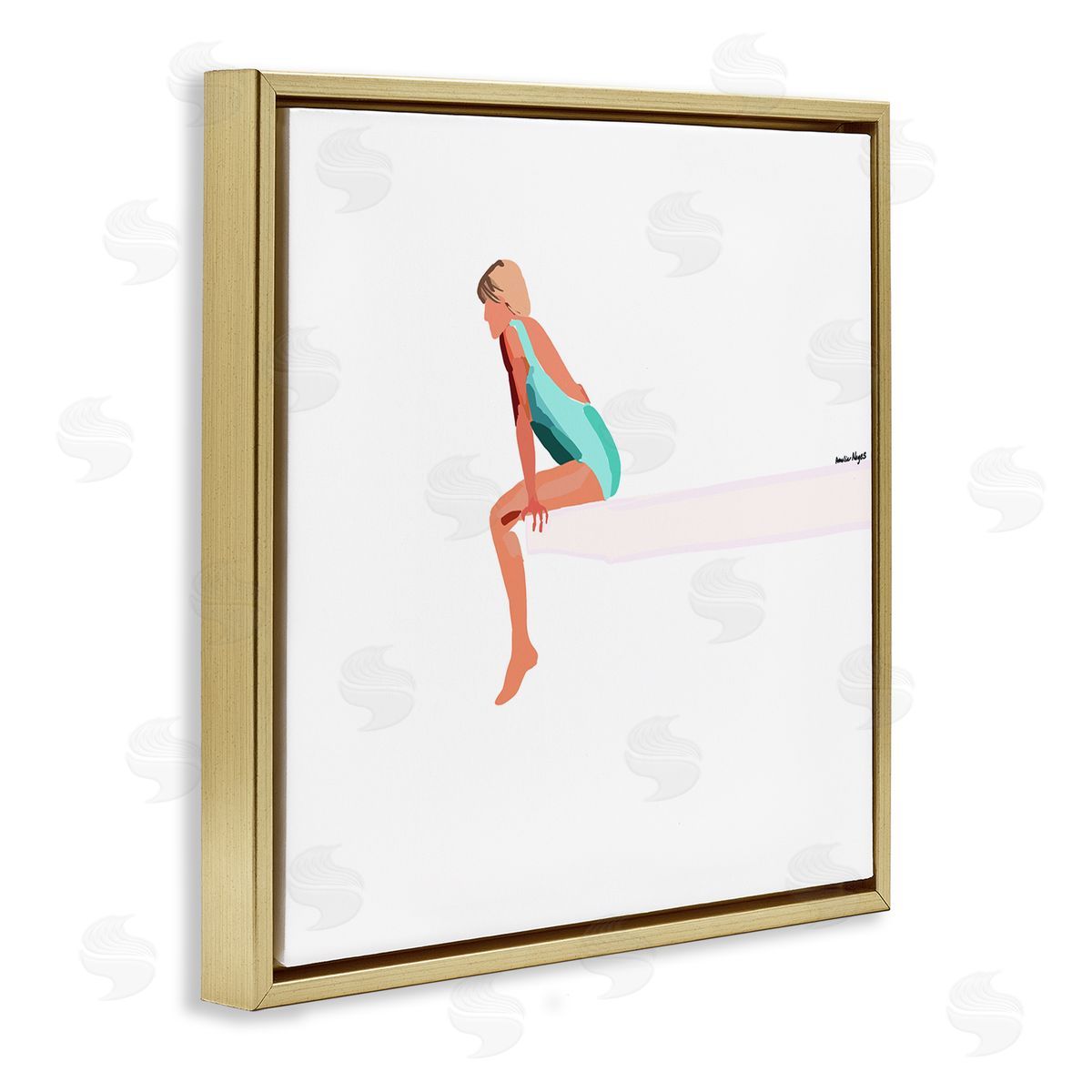 Amelia Noyes Woman Sitting Diving Board Summer Beach Pool Gold Floating Frame Canvas Wall Art Print