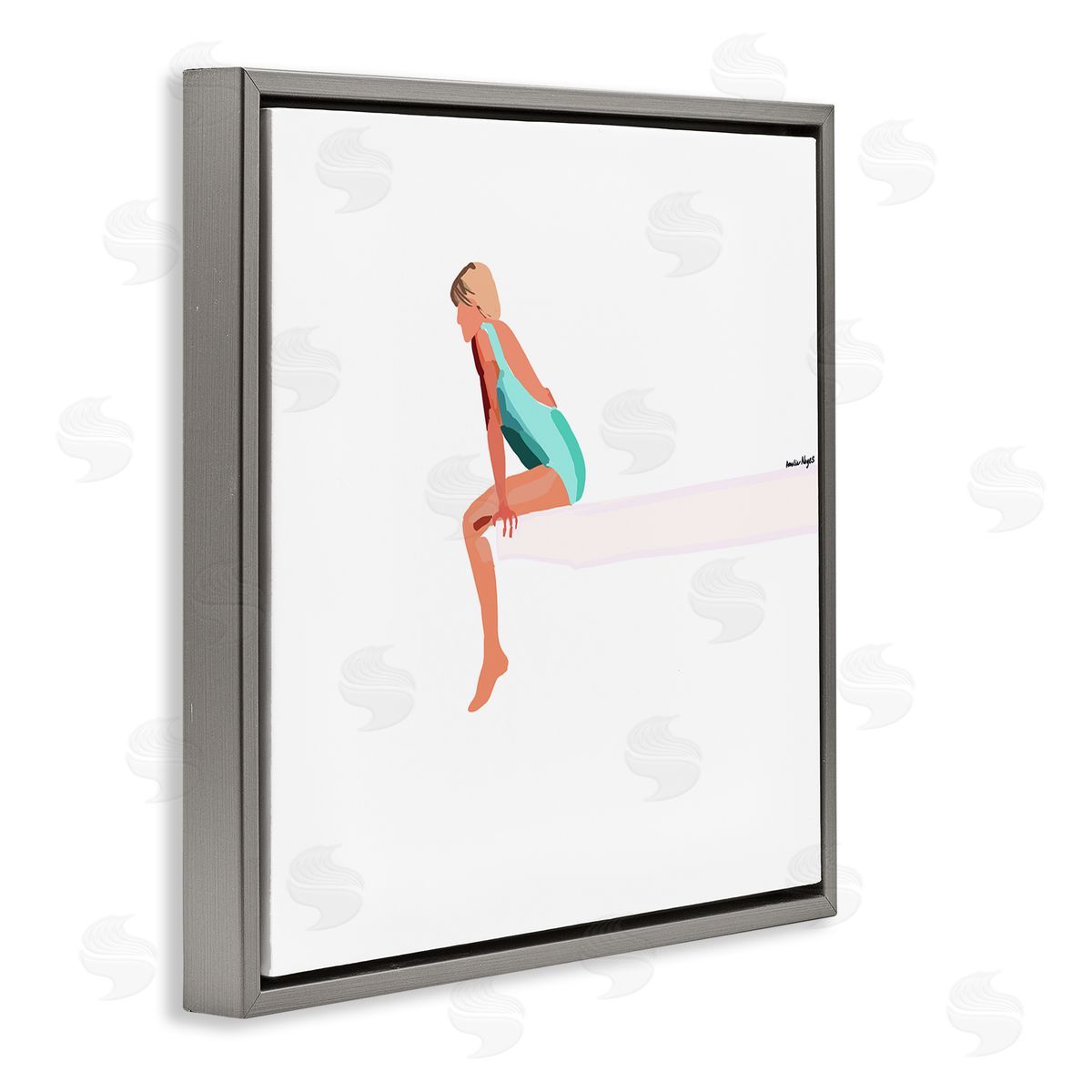 Amelia Noyes Woman Sitting Diving Board Summer Beach Pool Gray Floating Frame Canvas Wall Art Print