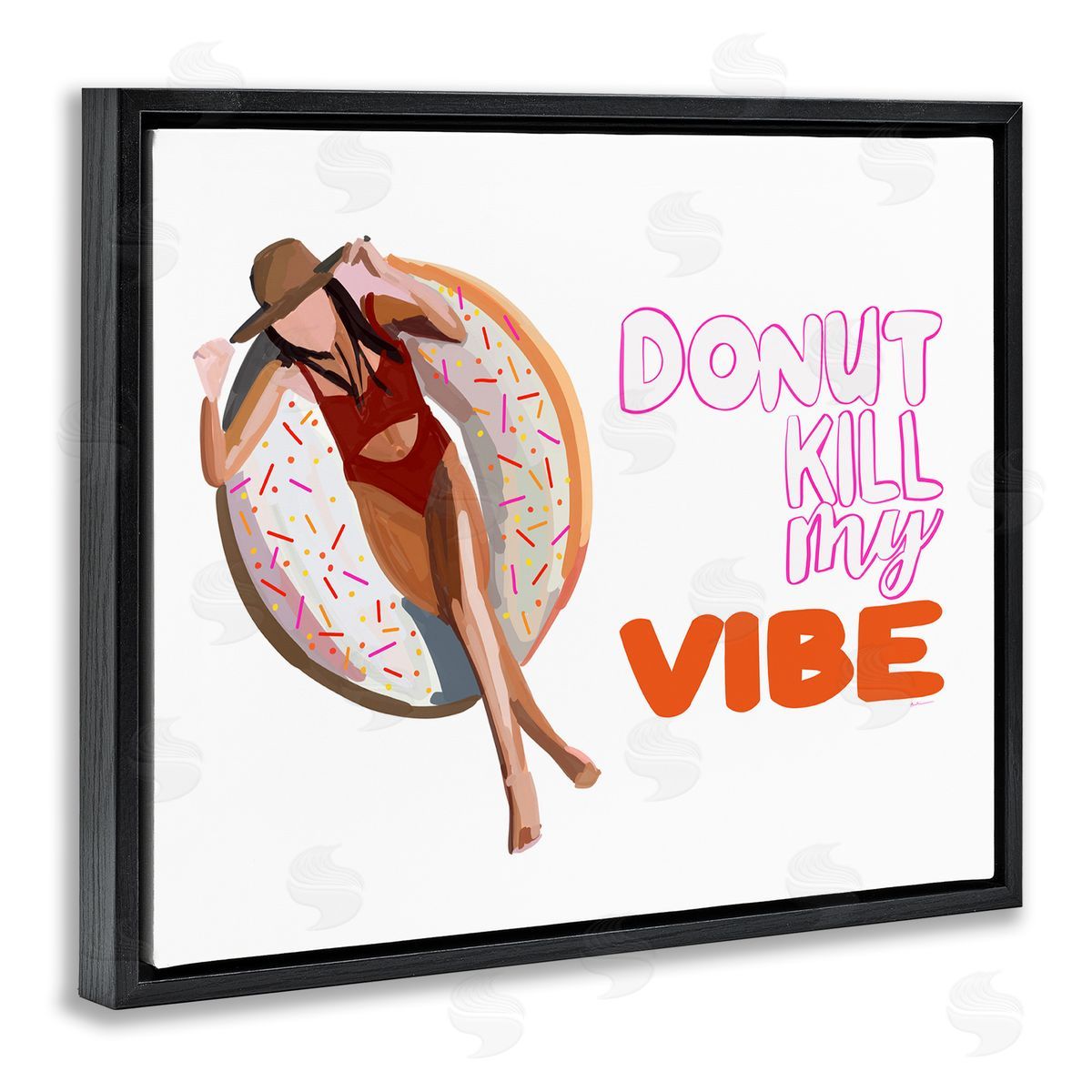 Amelia Noyes Donut Kill My Vibe Relaxing Pool Float Girl  Black Floating Frame Canvas Wall Art Print