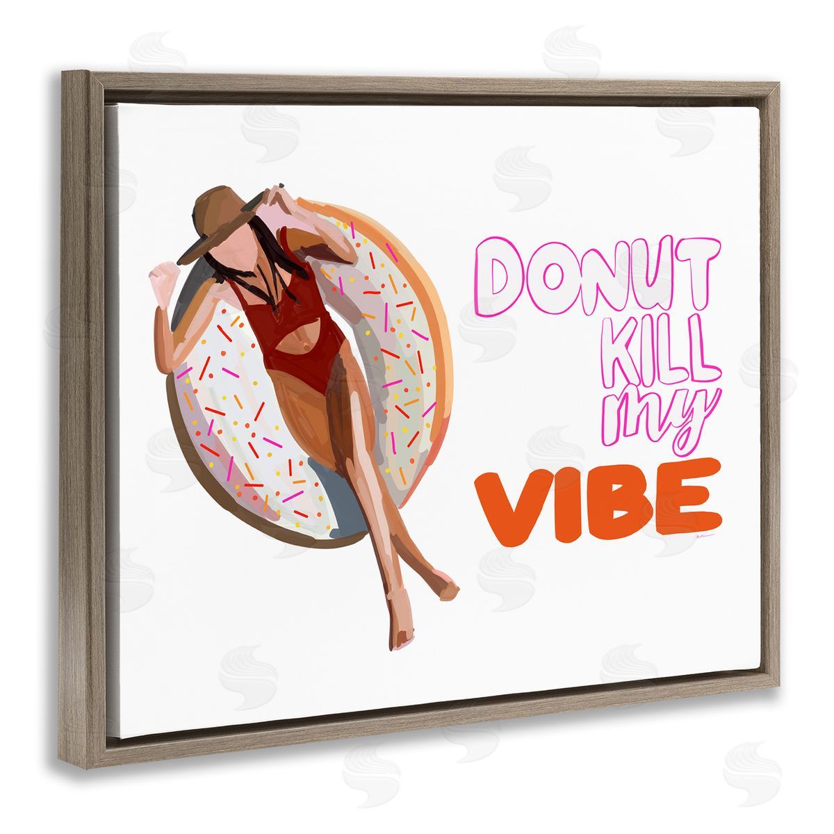 Amelia Noyes Donut Kill My Vibe Relaxing Pool Float Girl  Brown Floating Frame Canvas Wall Art Print
