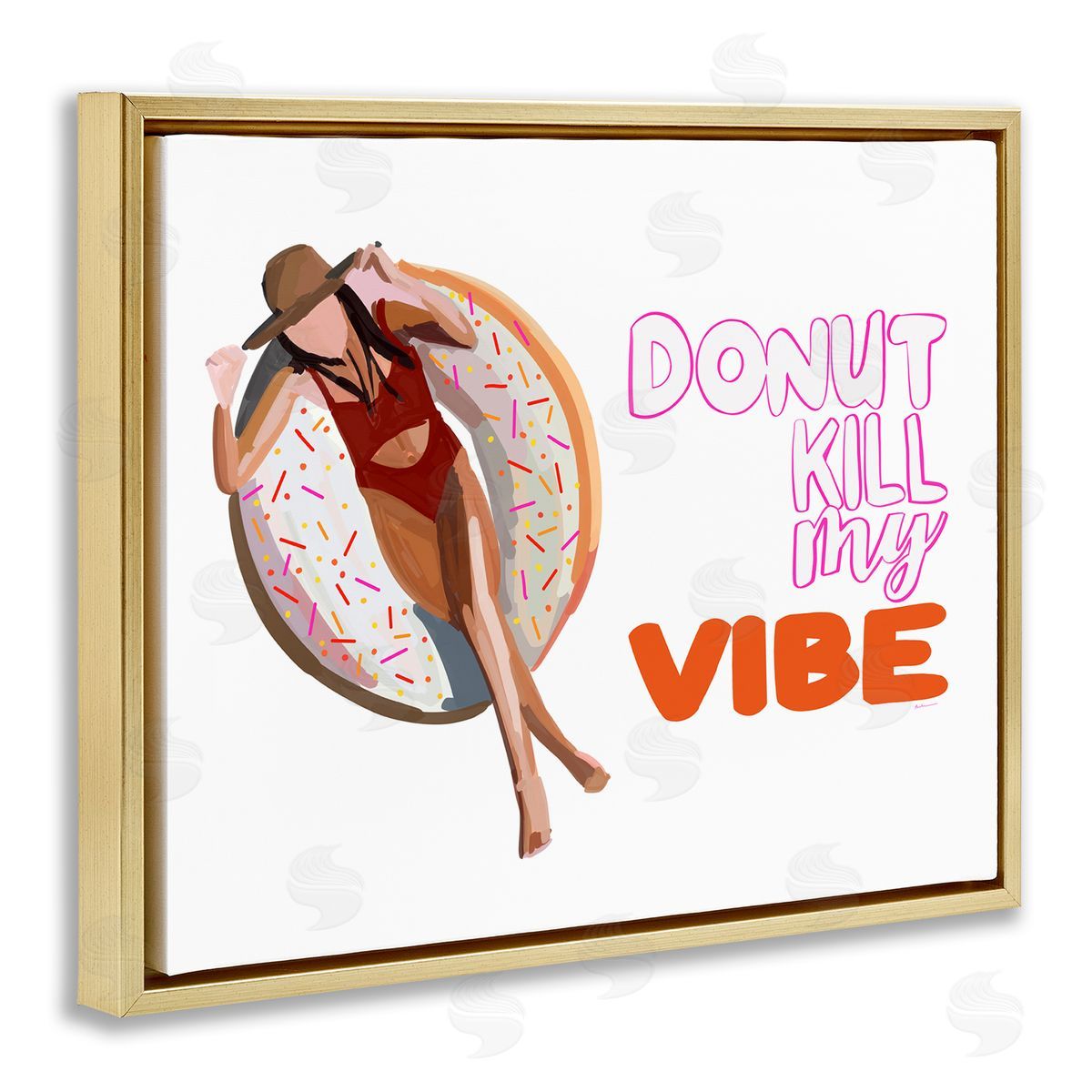 Amelia Noyes Donut Kill My Vibe Relaxing Pool Float Girl  Gold Floating Frame Canvas Wall Art Print