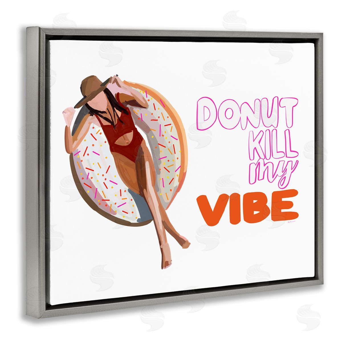 Amelia Noyes Donut Kill My Vibe Relaxing Pool Float Girl  Gray Floating Frame Canvas Wall Art Print