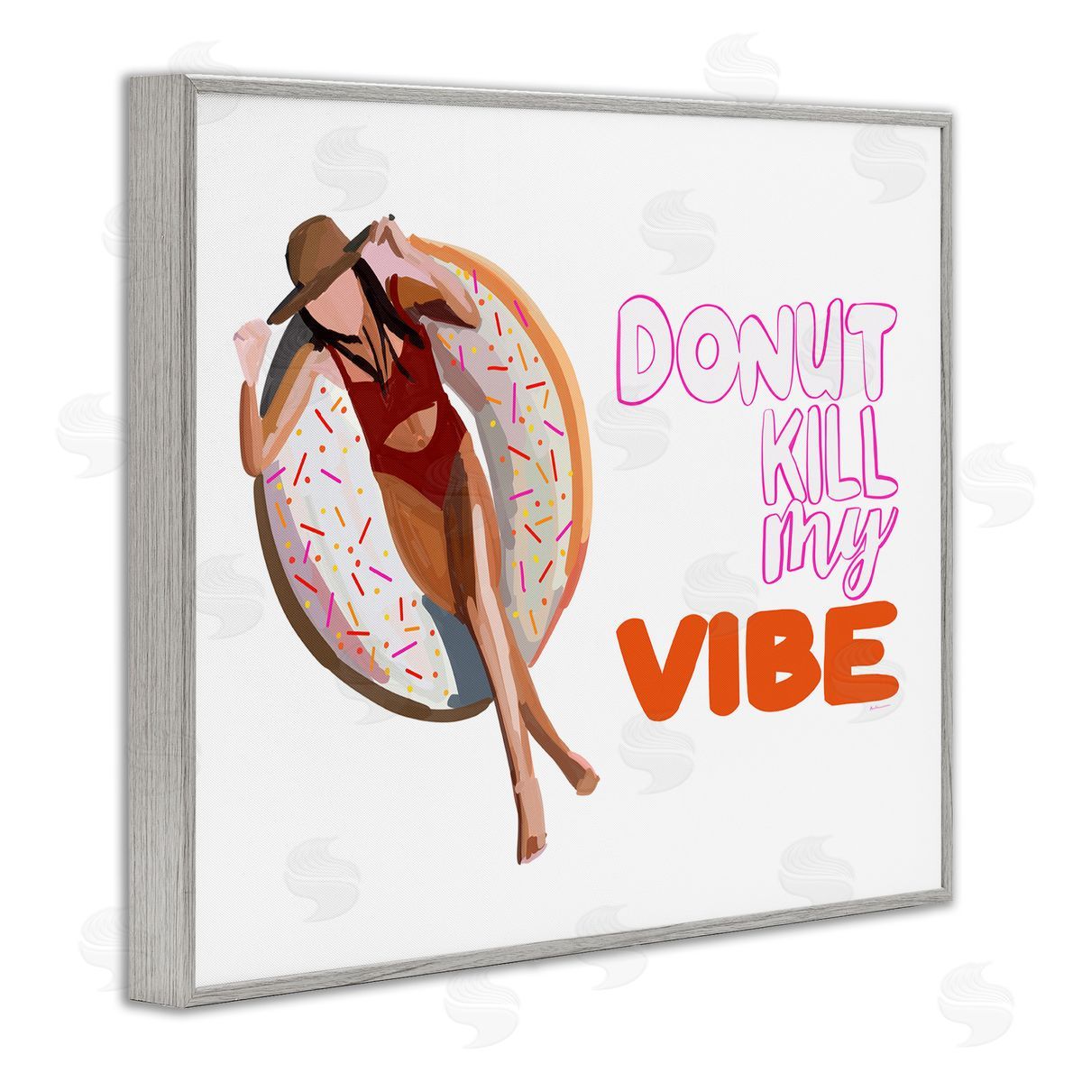 Amelia Noyes Donut Kill My Vibe Relaxing Pool Float Girl  Gray Framed Giclee Wall Art Print