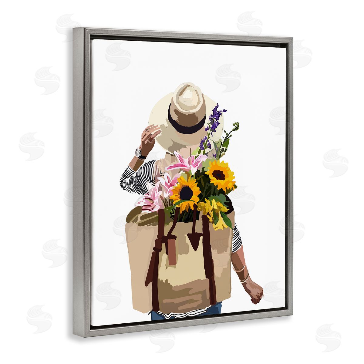 Woman Carrying Floral Backpack Grey Floating Frame Canvas Wall Art, Home Decor by Amelia Noyes