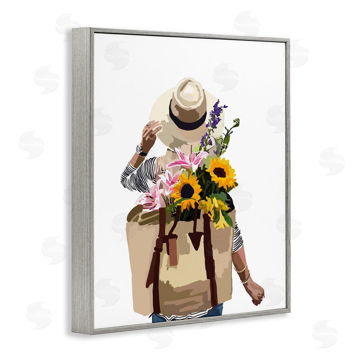 Woman Carrying Floral Backpack Grey Frame Print Wall Art, Home Decor by Amelia Noyes