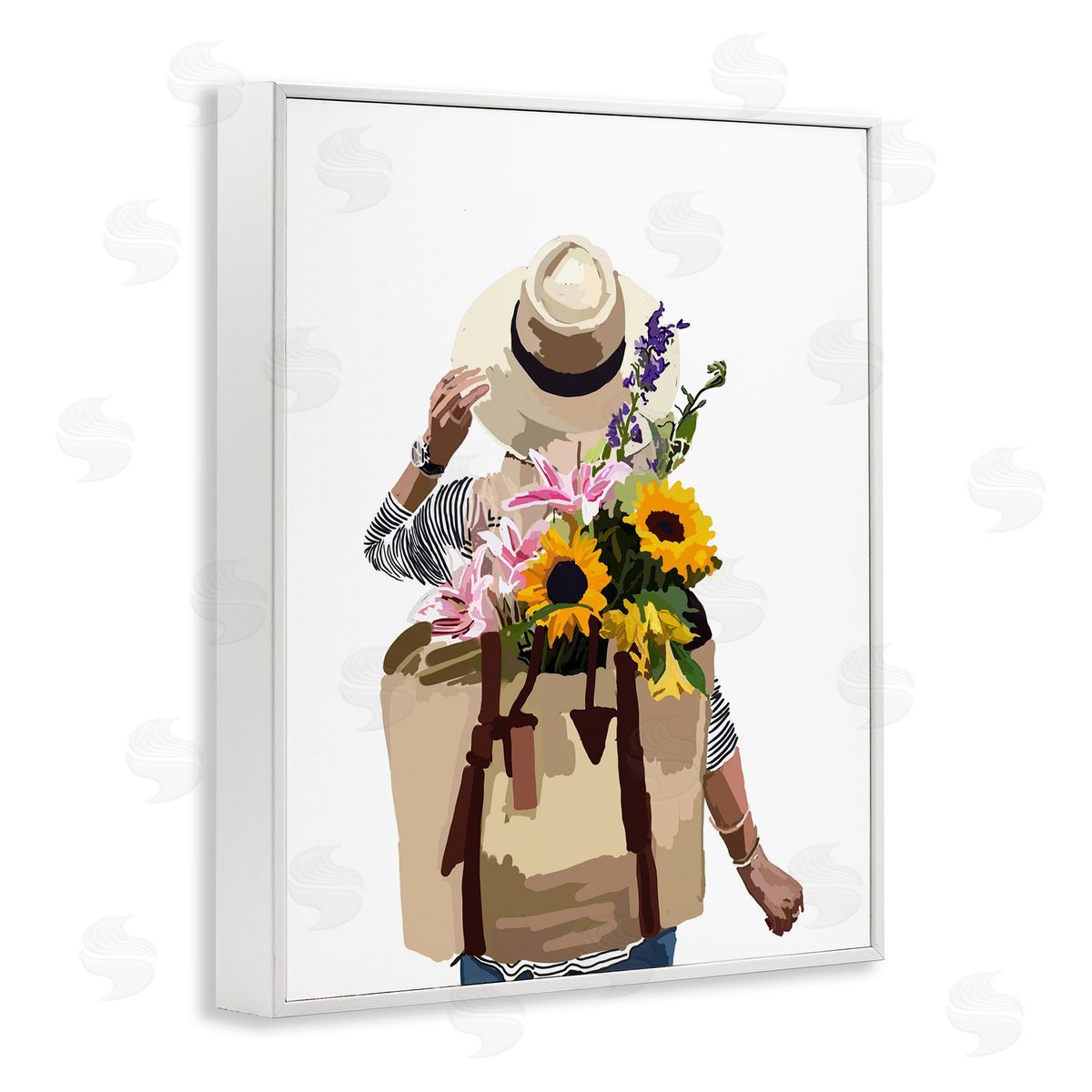 Woman Carrying Floral Backpack White Frame Print Wall Art, Home Decor by Amelia Noyes