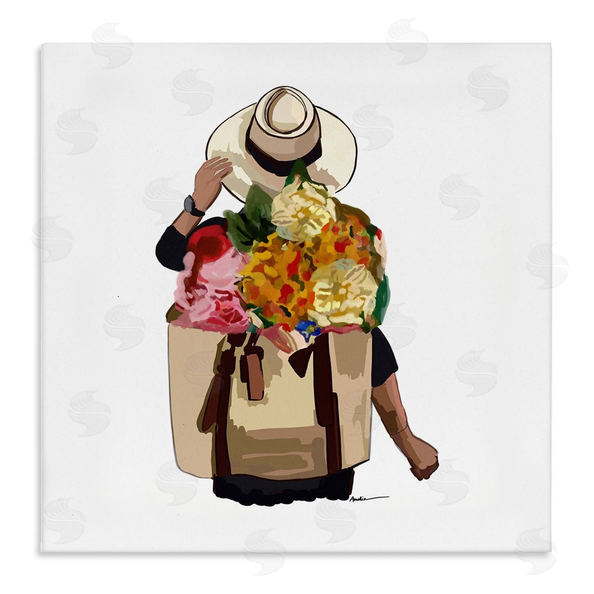 Amelia Noyes Floral Backpack Mixed Blooms Summertime Sun Hat Stretched Canvas Wall Art Print