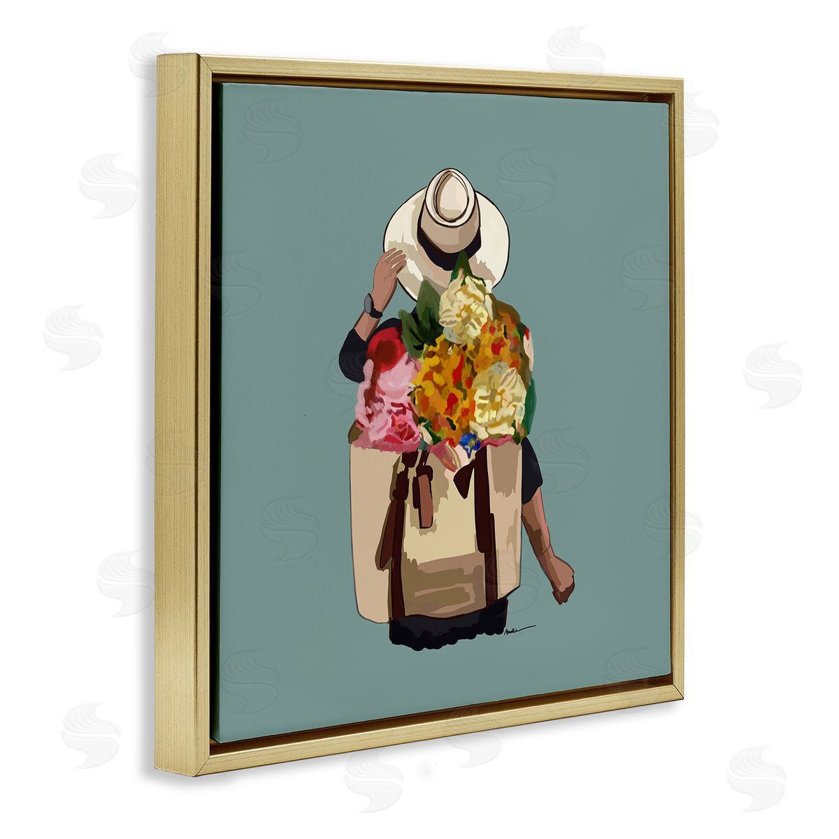 Amelia Noyes Mixed Flower Arrangement Backpack Summer Blooms  Gold Floating Frame Canvas Wall Art Print
